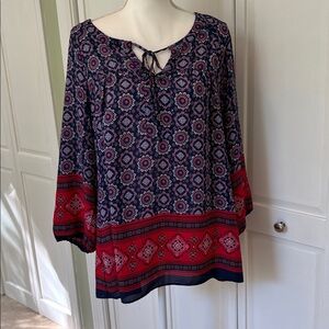 New Directions Red and Blue Geometric Blouse